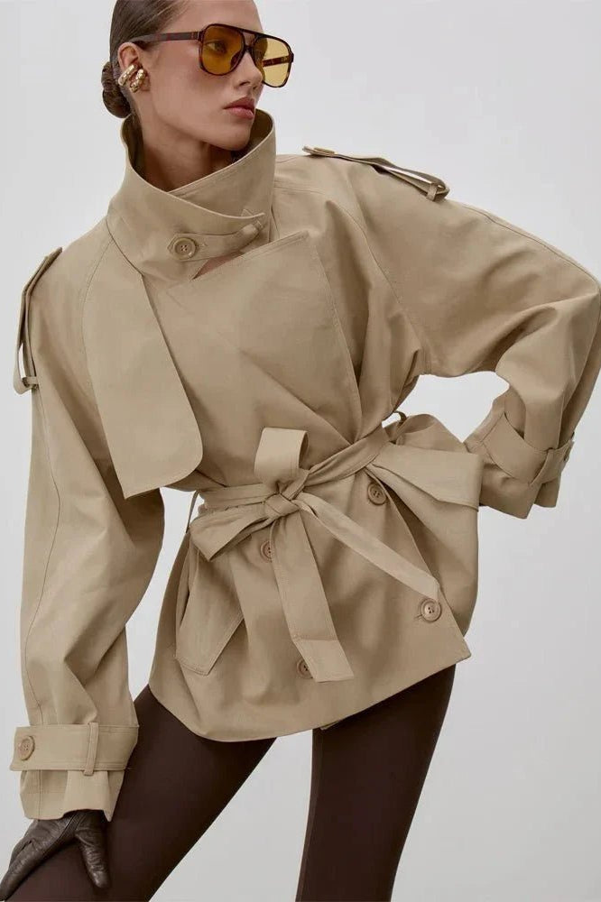 SOKYND Alice Lace Up Stand Collar Trenchcoat Coats & JacketsQC1774219786679177464BeigeS