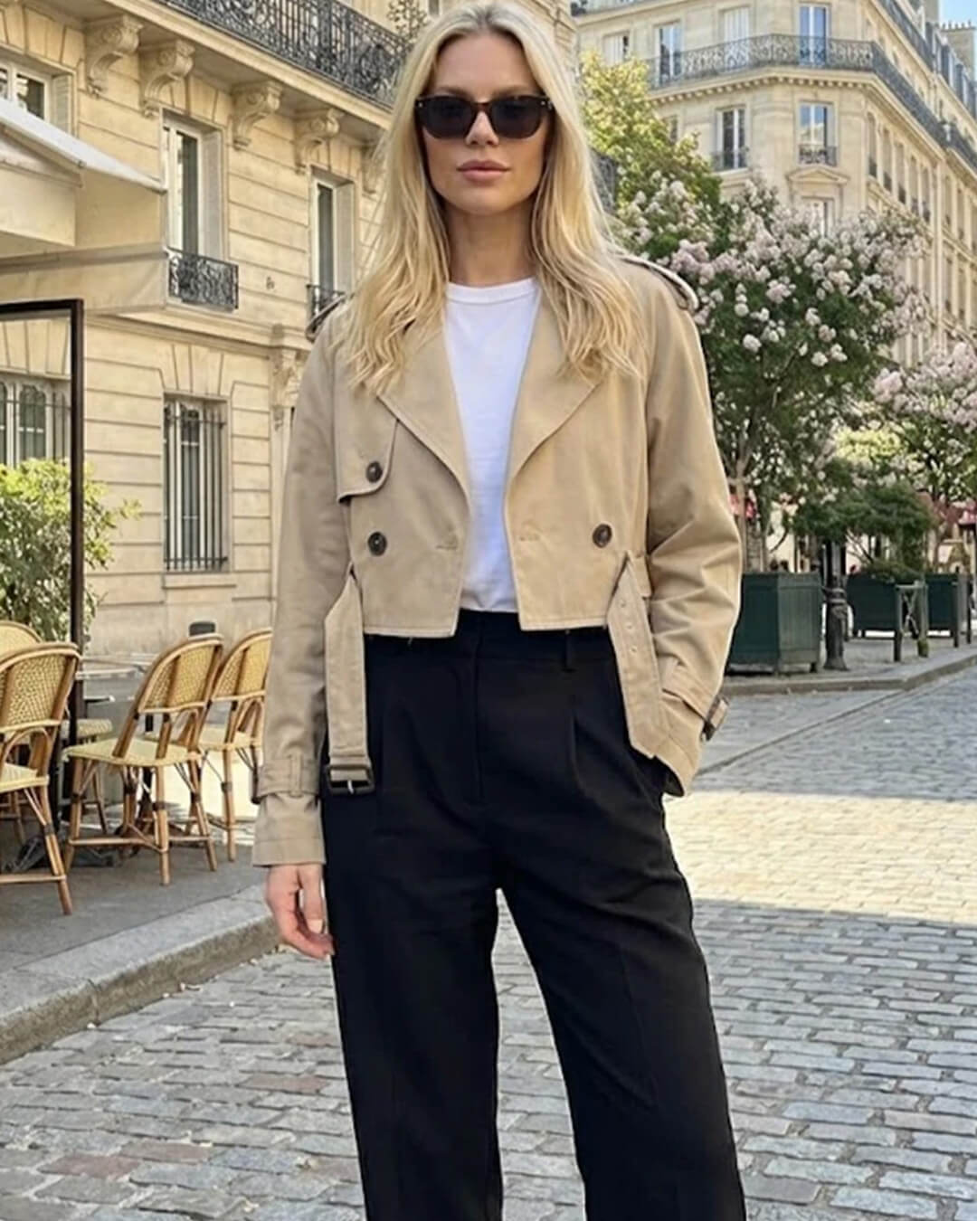 SOKYND Althea Cropped Trench Coat with Belt in Khaki