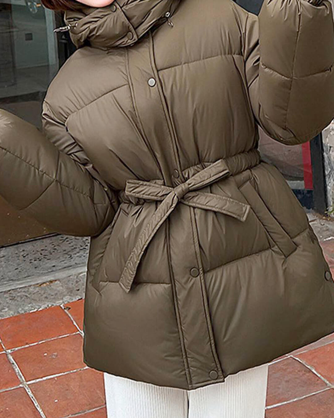 SOKYND Amelie Lace Up Hooded Coat CoatOlive GreenS