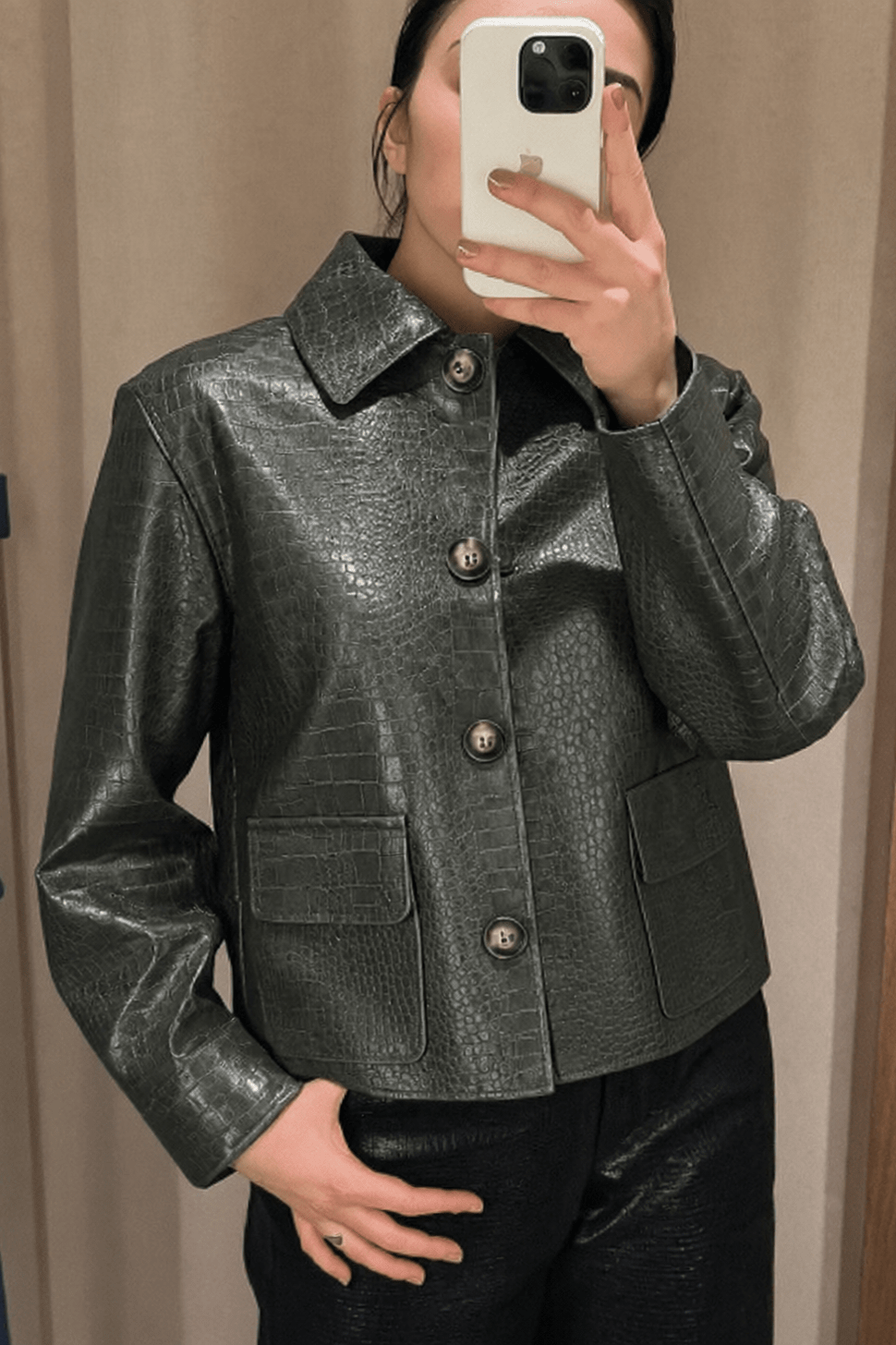 SOKYND Ava Crocodile Embossed Leather Jacket JacketSOKYND-470679-GRE-S-12311GreenS