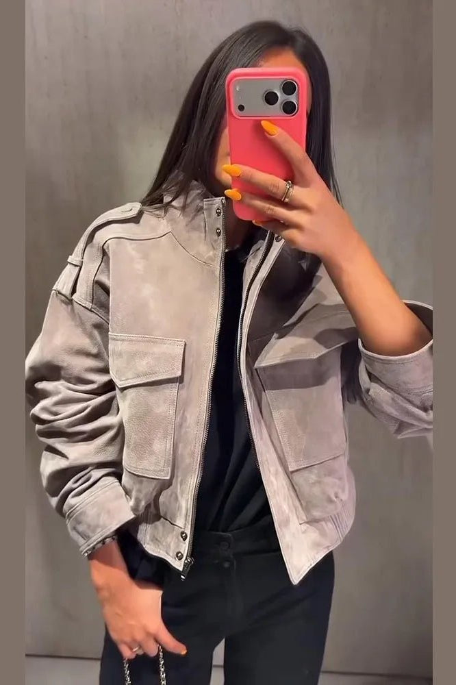 SOKYND Ava Suede Cropped Stand Collar Jacket JacketSOKYND-822167-GRE-M-49463GreyM