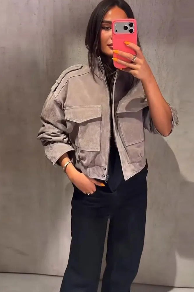 SOKYND Ava Suede Cropped Stand Collar Jacket JacketSOKYND-822167-GRE-M-49463GreyM