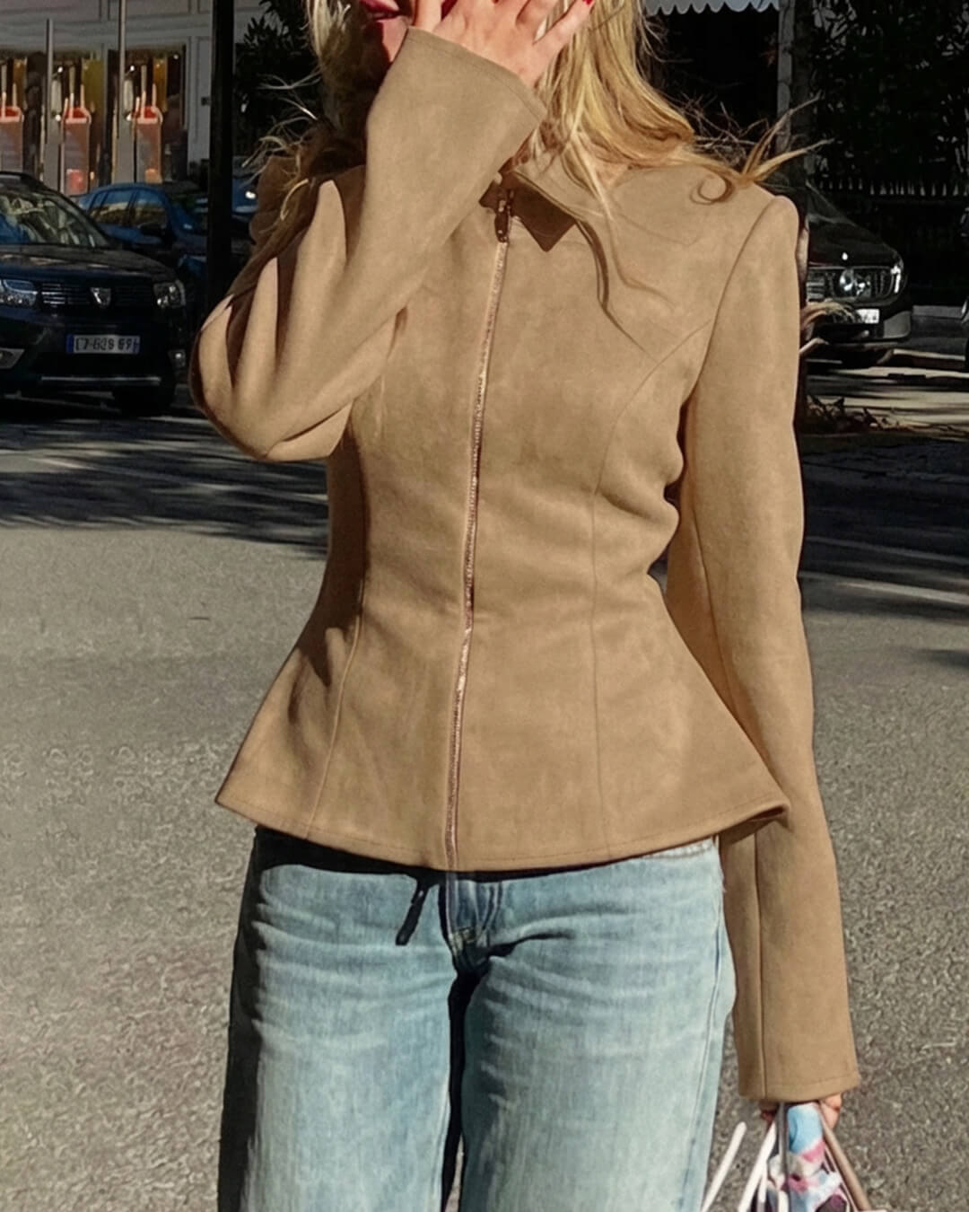 SOKYND Belle Faux Suede Jacket in Beige