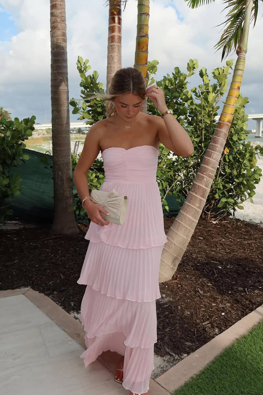 SOKYND Celeste Strapless Pleated Tiered Maxi Dress DressesS