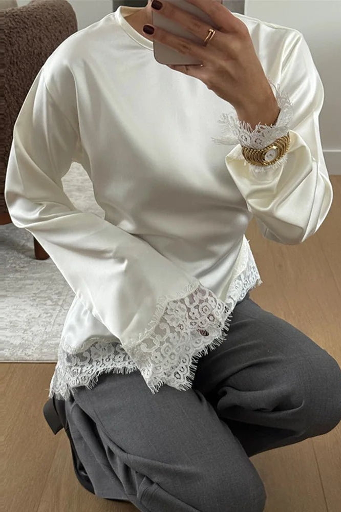 SOKYND Elara Asymmetrical Long Sleeve Lace Hem Top Tops1005011565176581-;RQ1772479400689700649WhiteS
