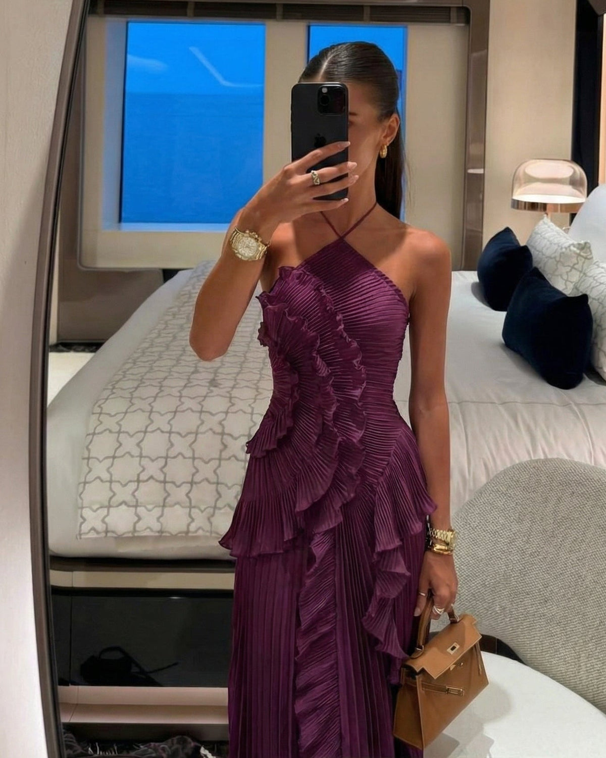 SOKYND Erica Halter Pleated Ruffle Maxi Dress DressSOKYND-674327-DAR-L-08663Dark PurpleL