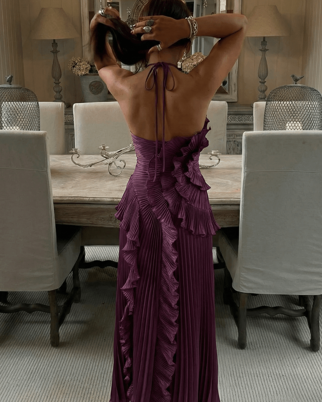 SOKYND Erica Halter Pleated Ruffle Maxi Dress DressSOKYND-674327-DAR-S-43127Dark PurpleS