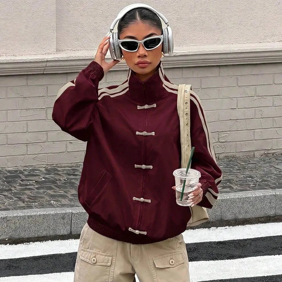 SOKYND Fiona Mandarin Striped Oversized Jacket JacketSOKYND-415319-RED-S-90679RedS