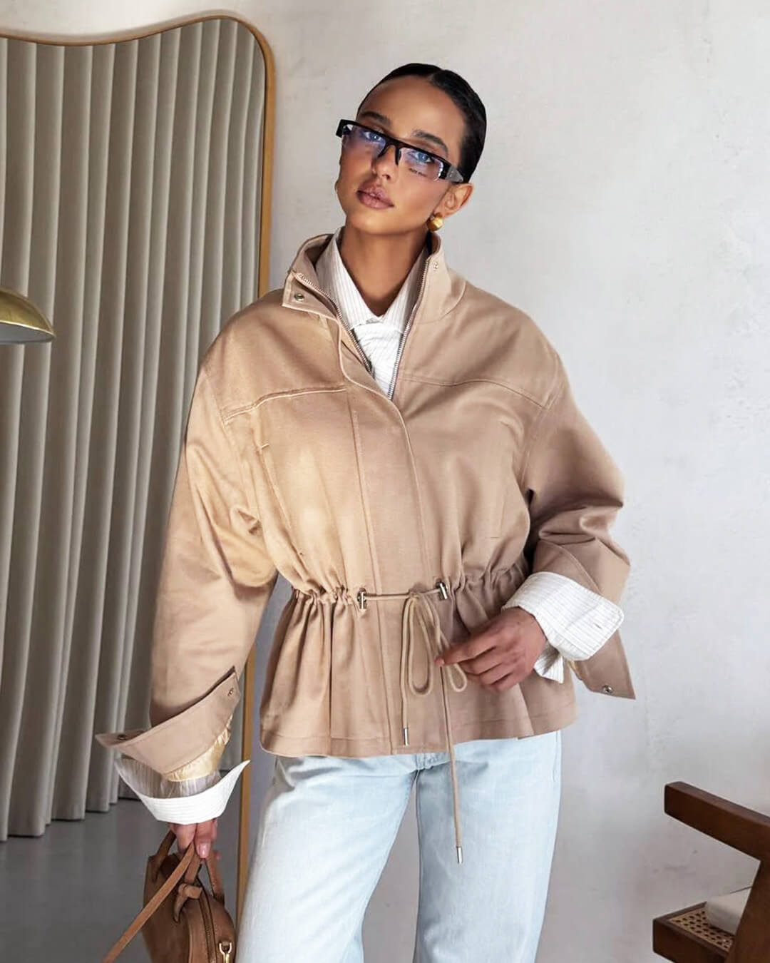 Joanna Drawstring Stand Collar Jacket in Beige
