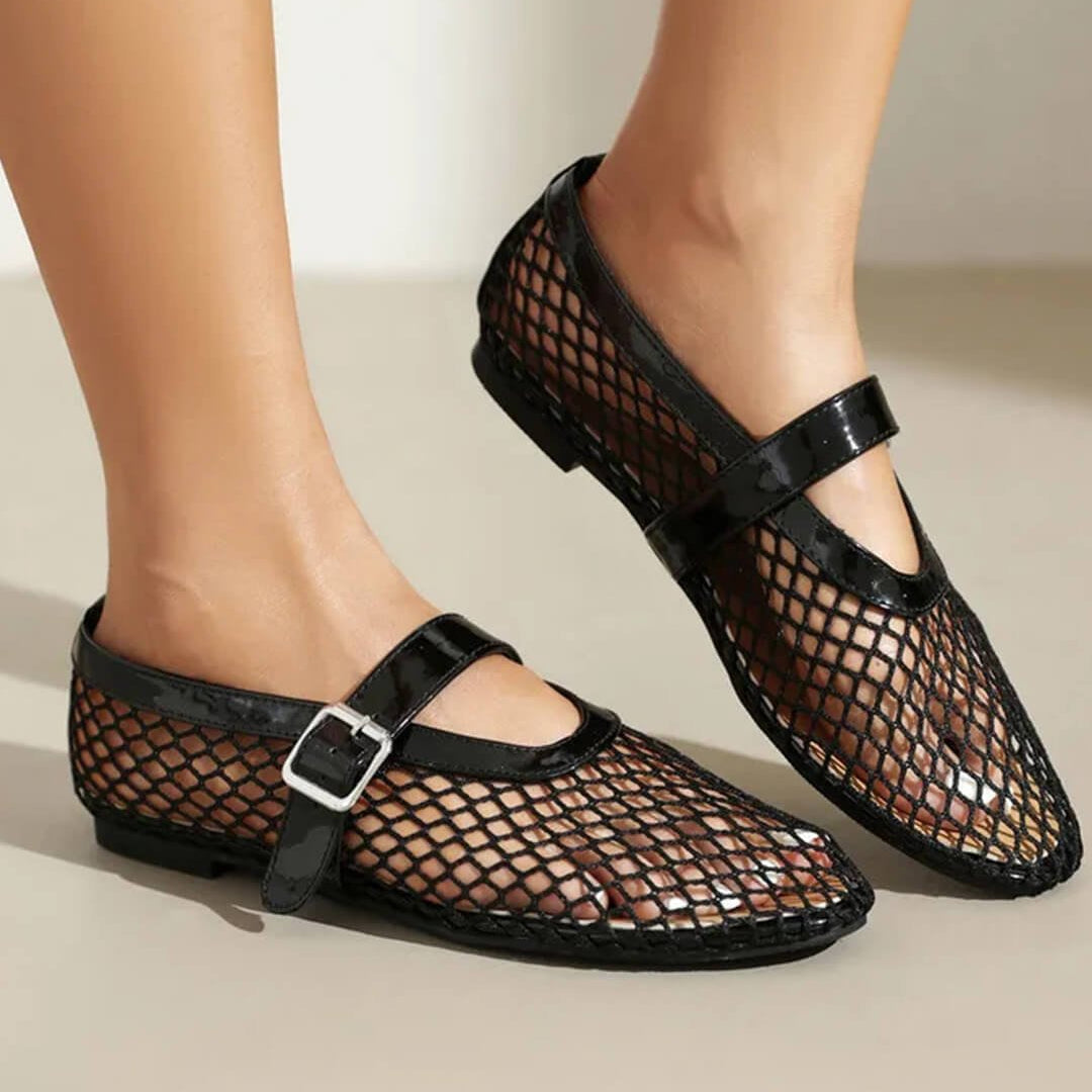 SOKYND Keira Buckled Mesh Ballet Flats ShoesBlack35