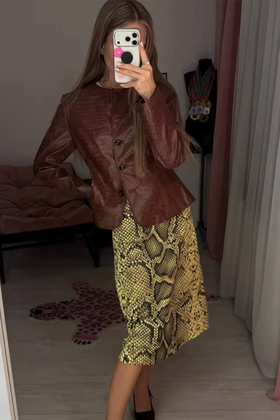 SOKYND Lola Croc Embossed Faux Leather Jacket JacketSOKYND-449943-BRO-S-53143BrownS