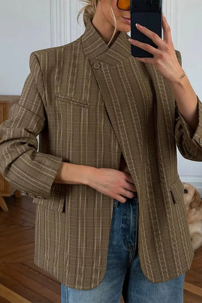 SOKYND Miriam Plaid Stand Collar Blazer JacketSOKYND-167895-BRO-S-55223BrownS