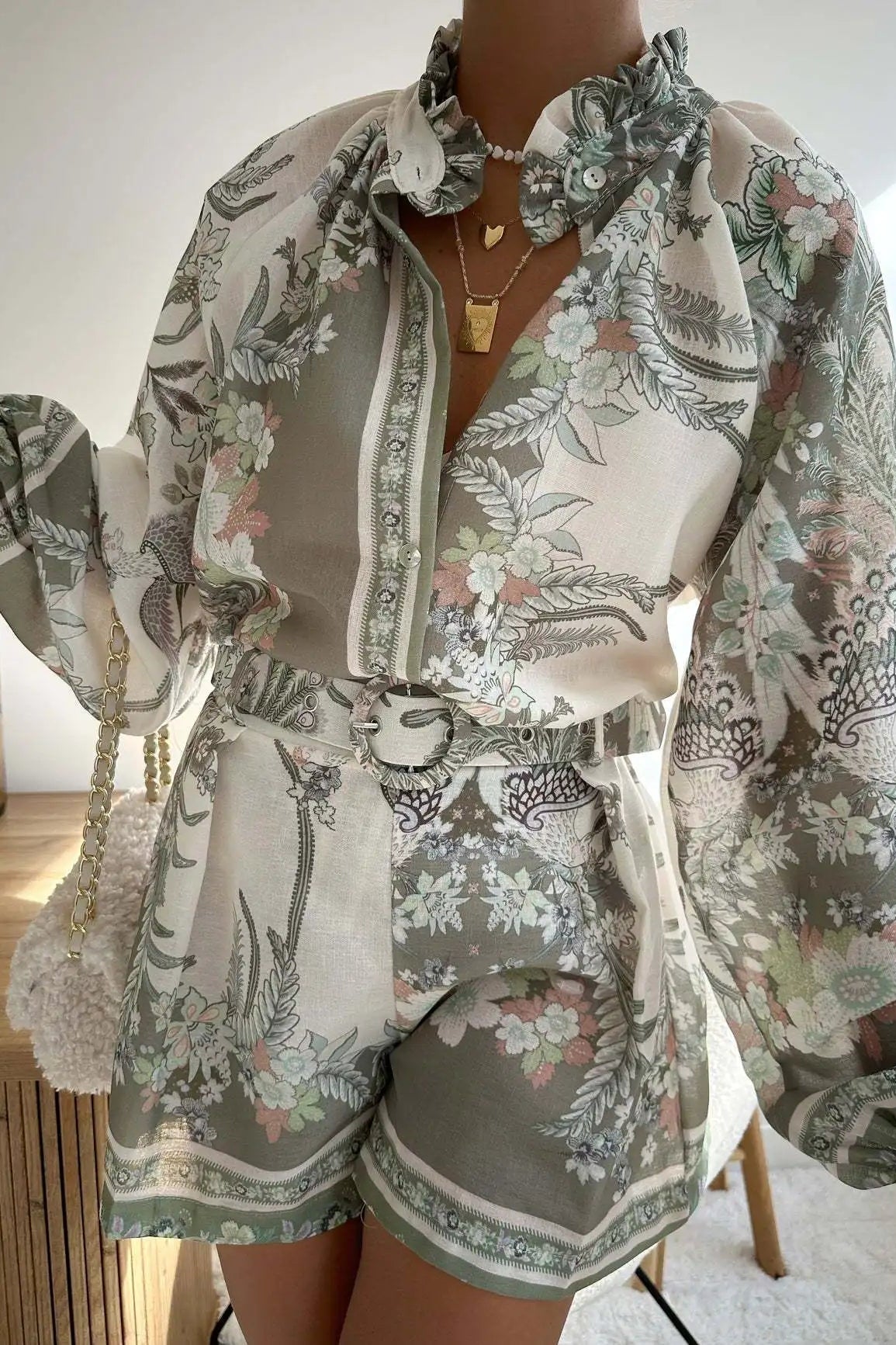 SOKYND Misty Floral Print Long Sleeve Shorts Set Matching Sets1005008984198283-;Ql1774905278707972816GreenS