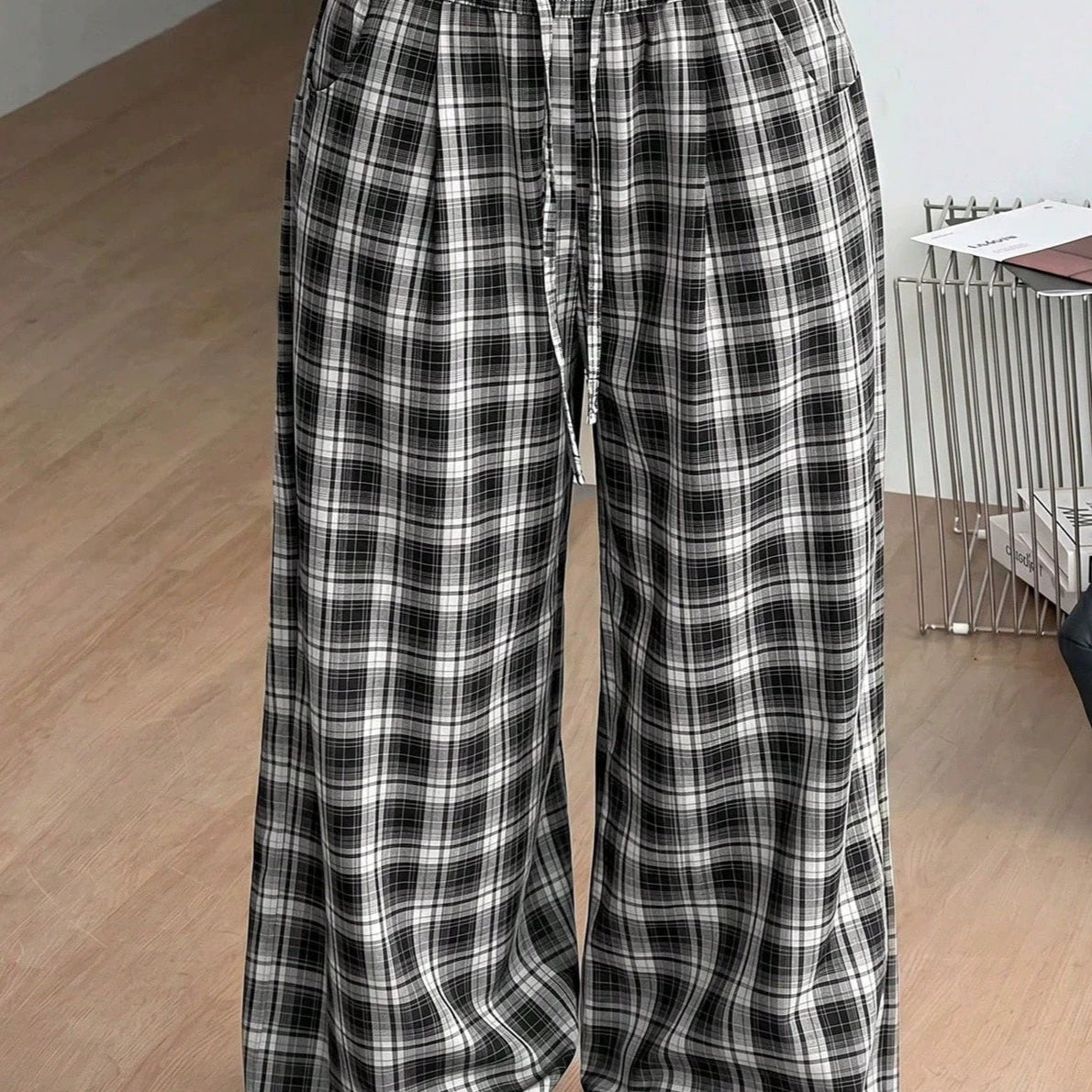 SOKYND Naomi Drawstring Wide Leg Plaid Pants PantsSOKYND-172119-BLA-S-08343BlackS