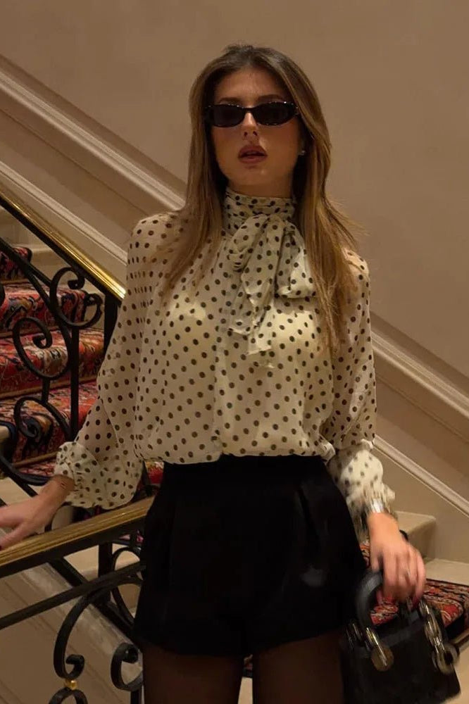 SOKYND Nyla High Collar Polka Dot Blouse TopsWhiteM