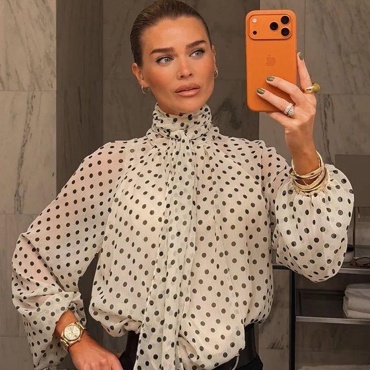 SOKYND Nyla High Collar Polka Dot Blouse TopsWhiteS