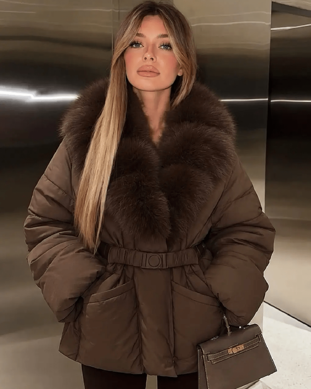 SOKYND Octavia Belted Faux Fur Collar Quilted Parka CoatSOKYND-235799-BRO-S-76855BrownS