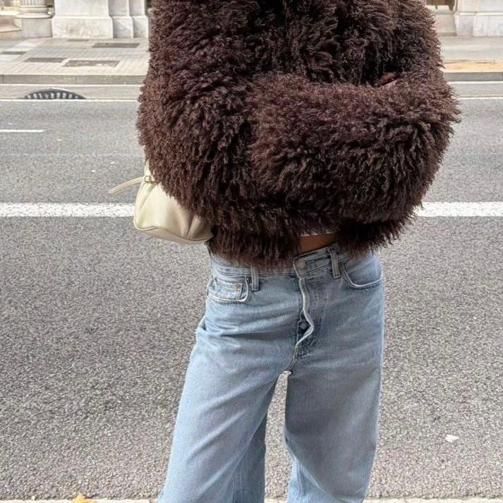 SOKYND Priscilla Fuzzy Faux Fur Coat in Brown