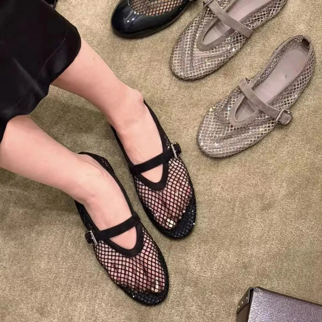 SOKYND Rebecca Rhinestone Mesh Ballet Flats ShoesBlack35