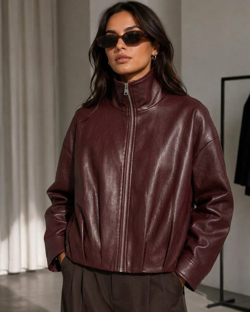 SOKYND Rose Funnel Neck Faux Leather Biker Jacket JacketSOKYND-399511-BUR-S-59095BurgundyS