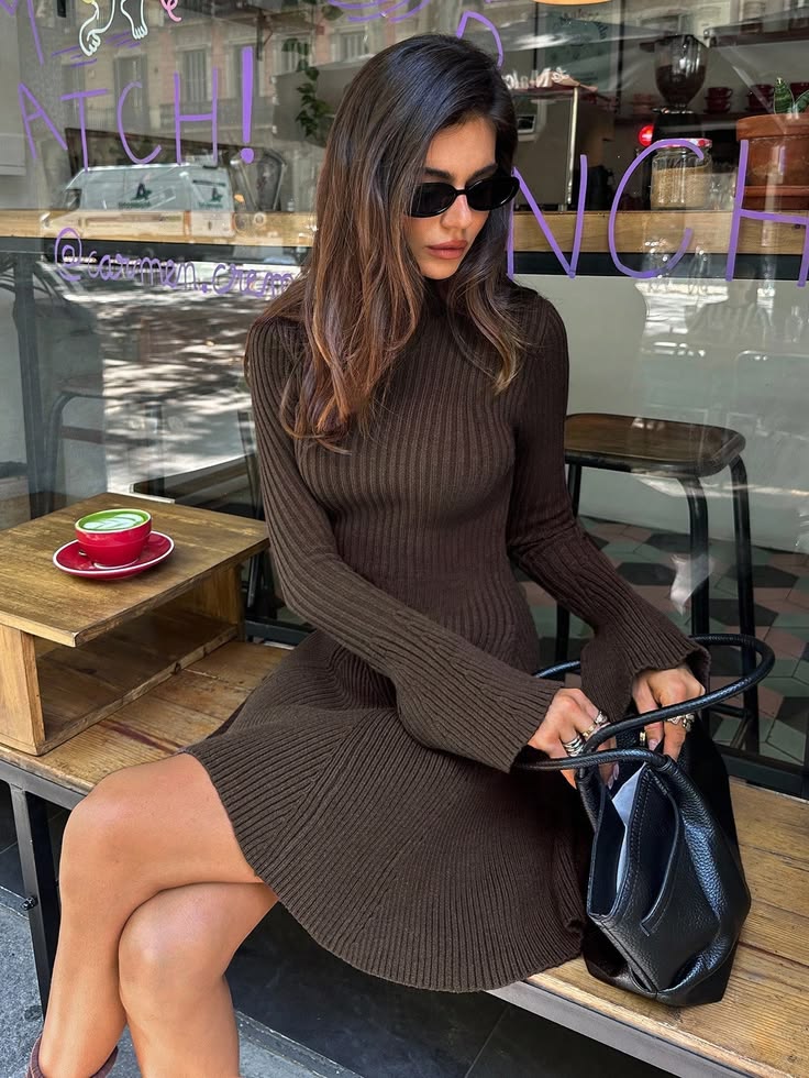 SOKYND Sara Bell Sleeve Ribbed Knit Sweater Dress DressSOKYND-154903-BRO-S-26071BrownS