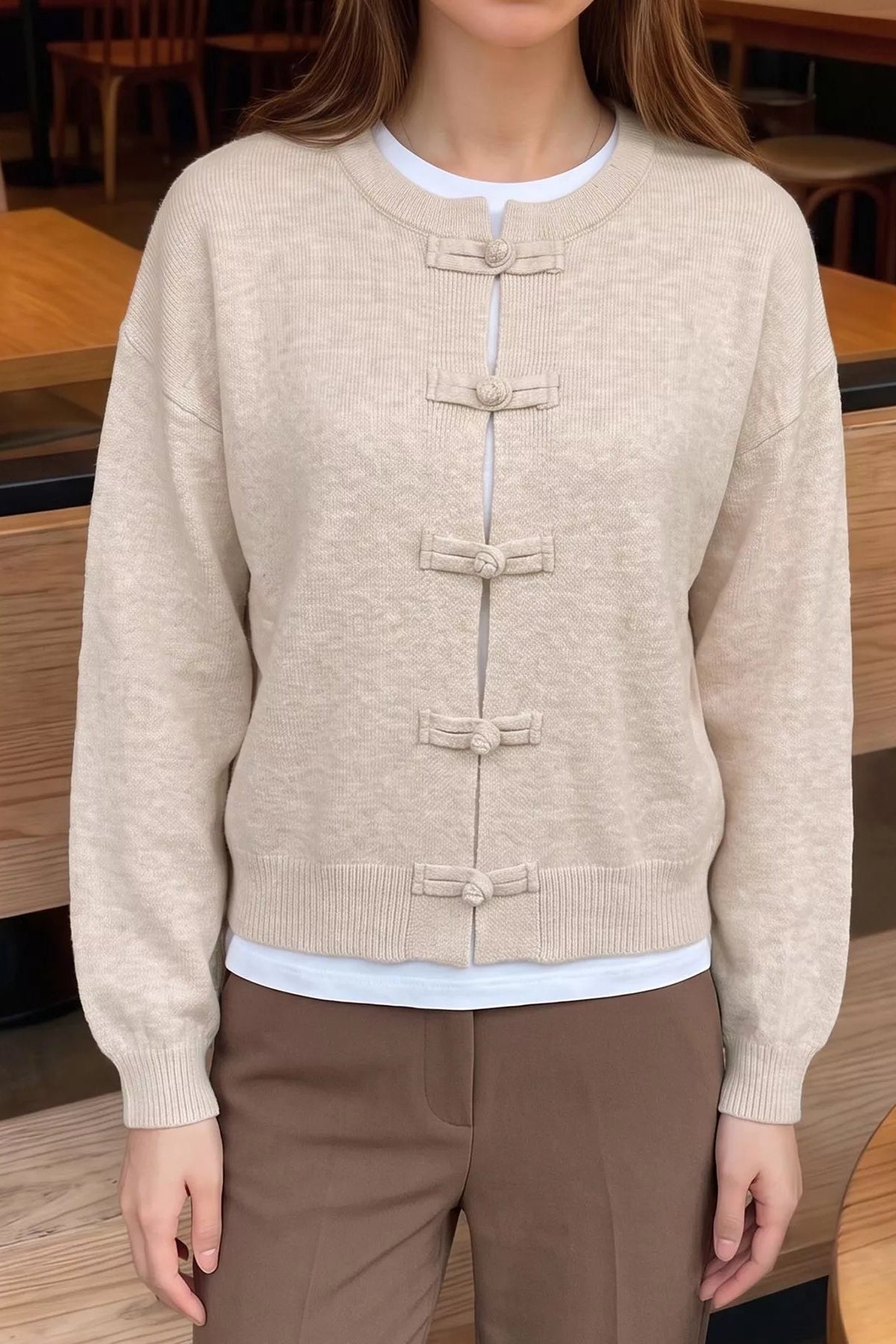 SOKYND Sara Frog Knots Knitted Cardigan CardiganSOKYND-490071-BEI-S-95895ApricotS