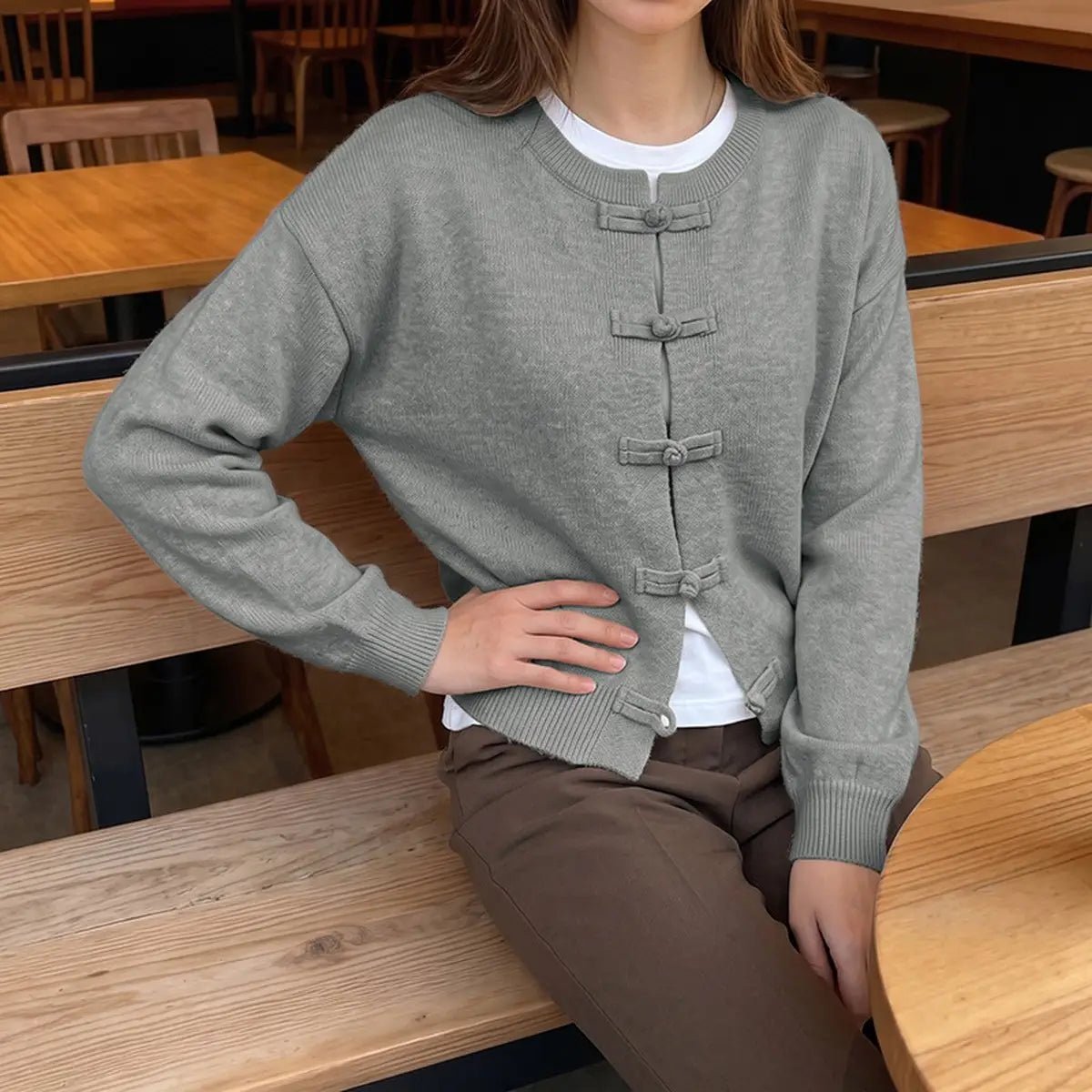 SOKYND Sara Frog Knots Knitted Cardigan CardiganSOKYND-490071-GRE-S-97591GreyS