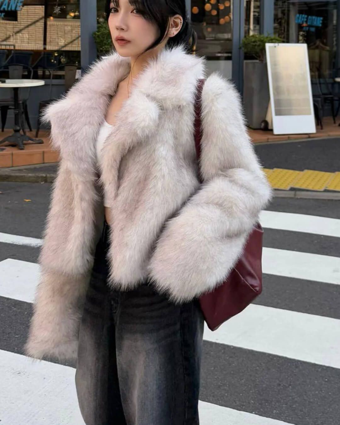 SOKYND Whitney Cropped Faux Fur Jacket in Cream