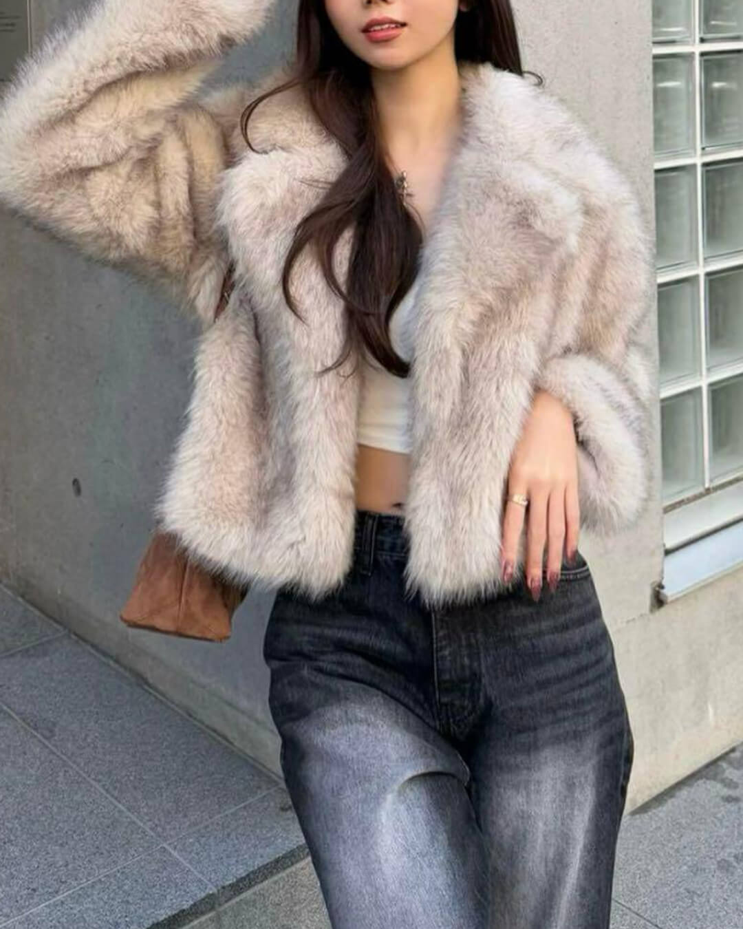 SOKYND Whitney Cropped Faux Fur Jacket in Cream