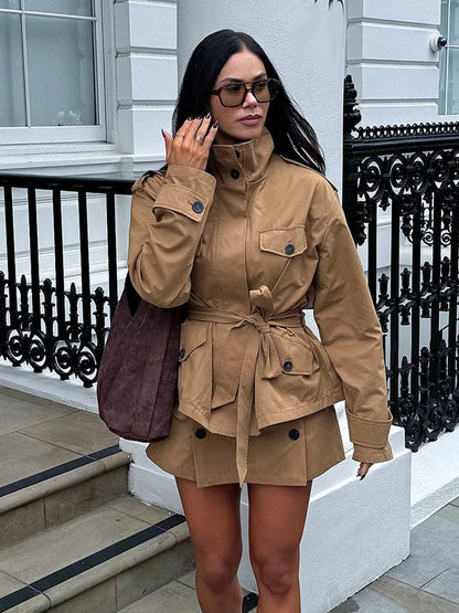 Kate High Collar Belted Jacket Skort Set