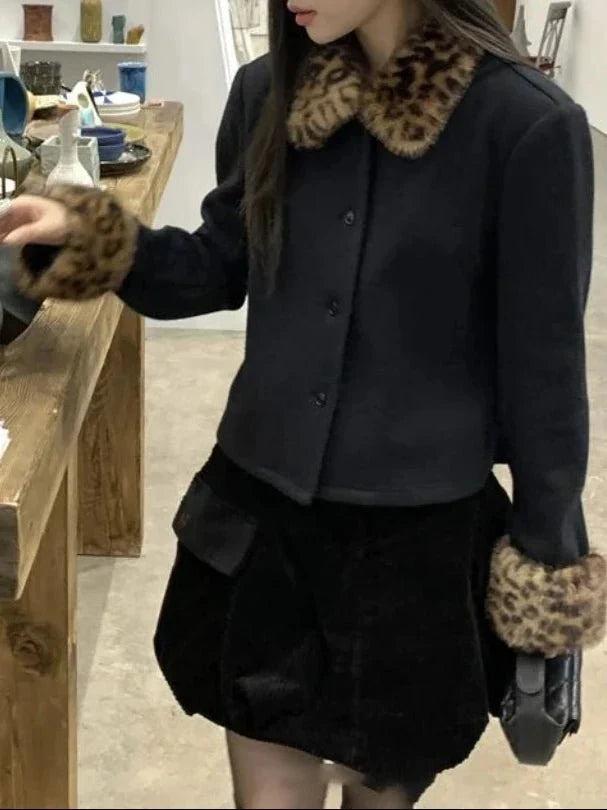 Laura Leopard Faux Fur Trim Button-Up Jacket