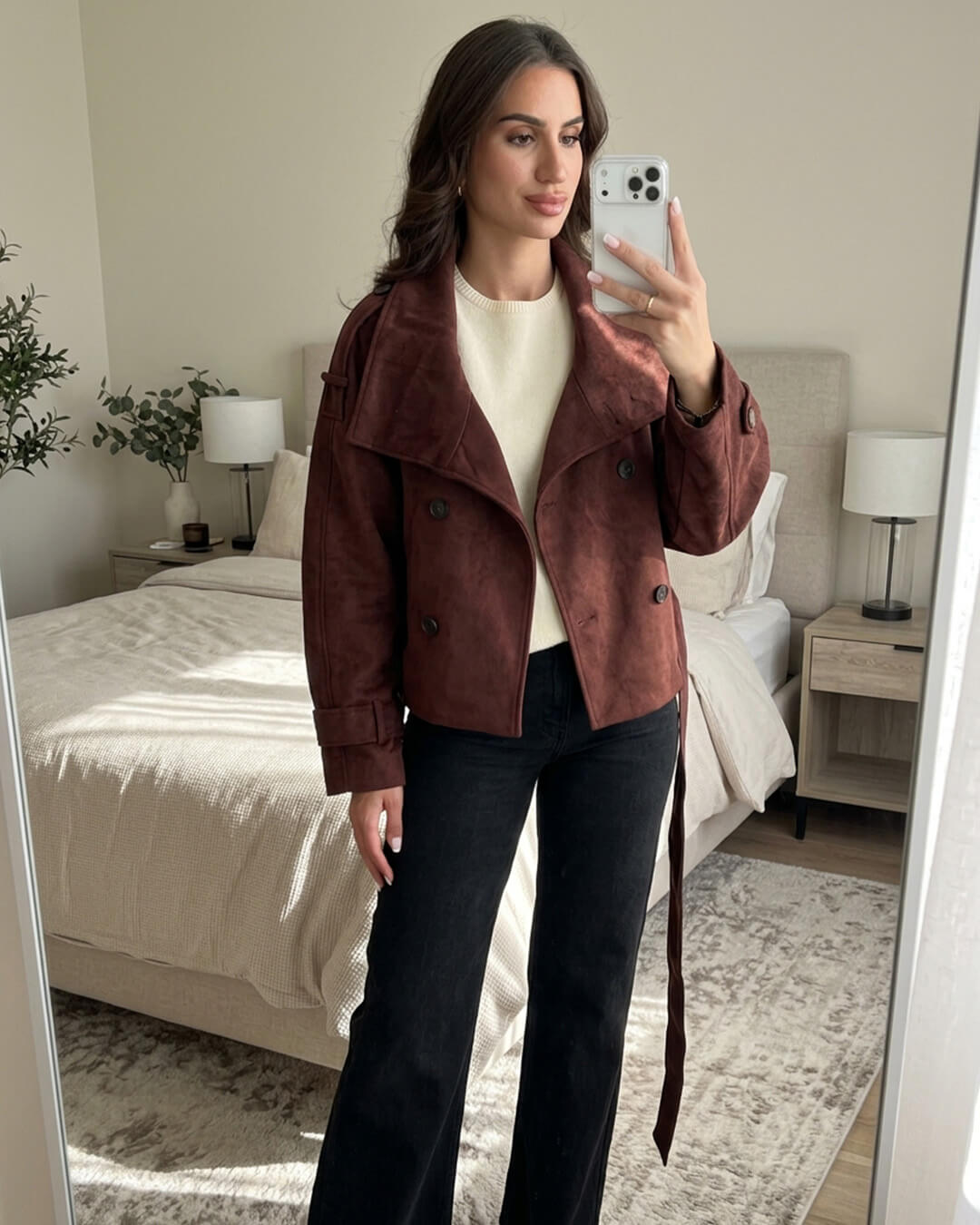 Miriam Funnel Neck Faux Suede Belted Jacket