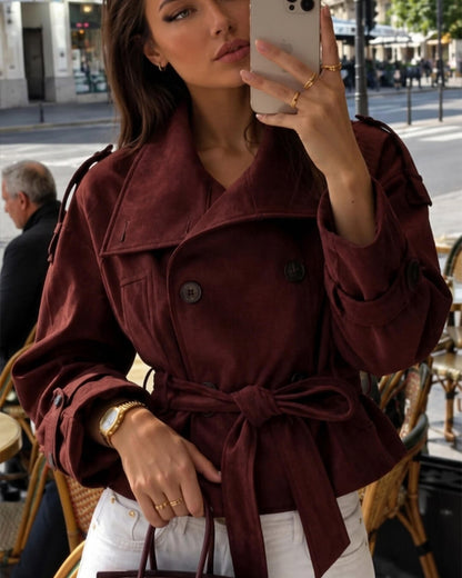 Miriam Funnel Neck Faux Suede Belted Jacket