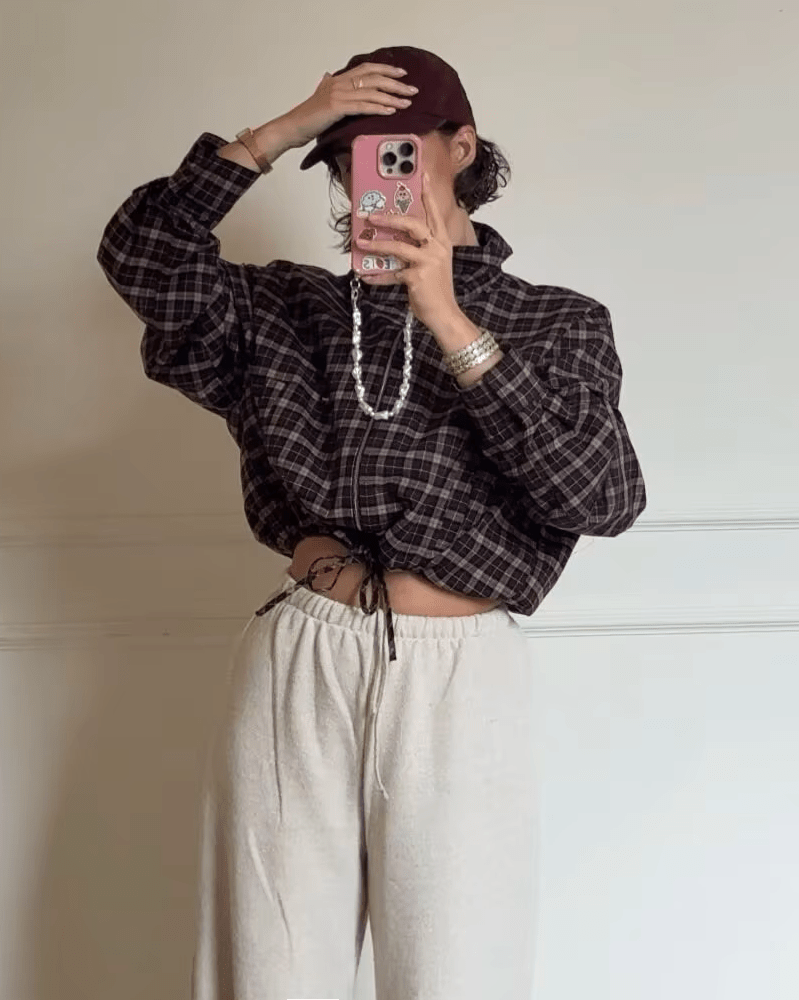 Eva High Collar Checked Zip Jacket