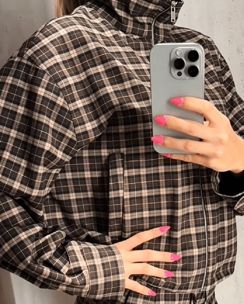 Eva High Collar Checked Zip Jacket