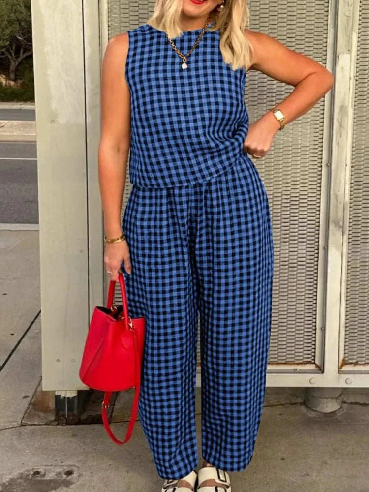 Camille Plaid Sleeveless Vest Set