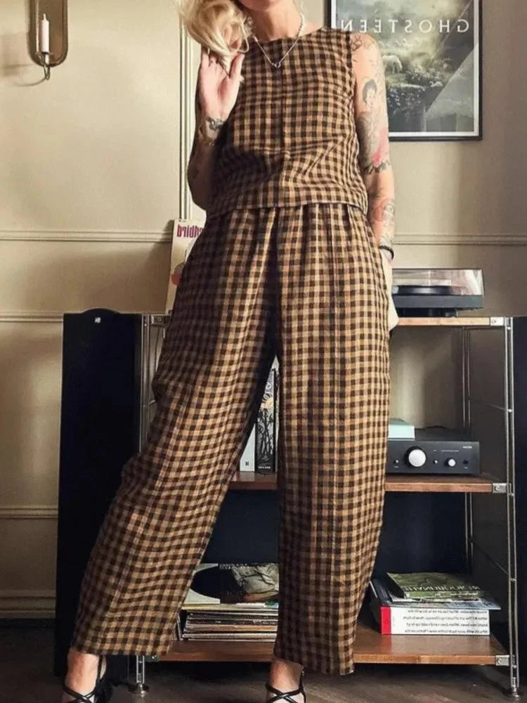 Camille Plaid Sleeveless Vest Set
