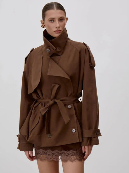 SOKYND Alice Lace Up Stand Collar Trenchcoat Coats & JacketsDark BrownS