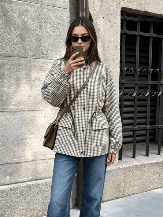 Amelia High-Neck Plaid Jacket