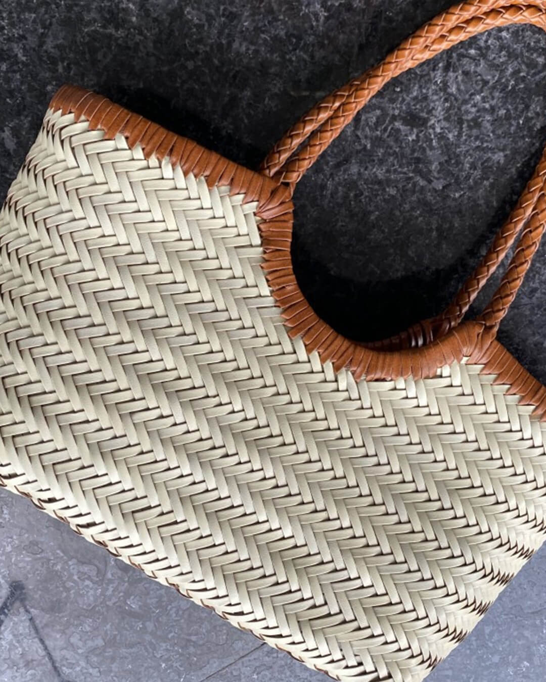 SOKYND Aneta Woven Leather Tote Bag HandbagsAuburn WhiteSmall