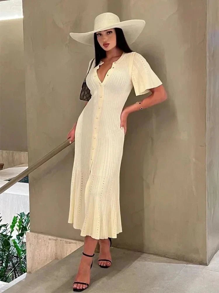 SOKYND Aneyla Bell Sleeve Pleated Knit Midi Dress DressesSOKYND-493911-BEI-S-33431BeigeS