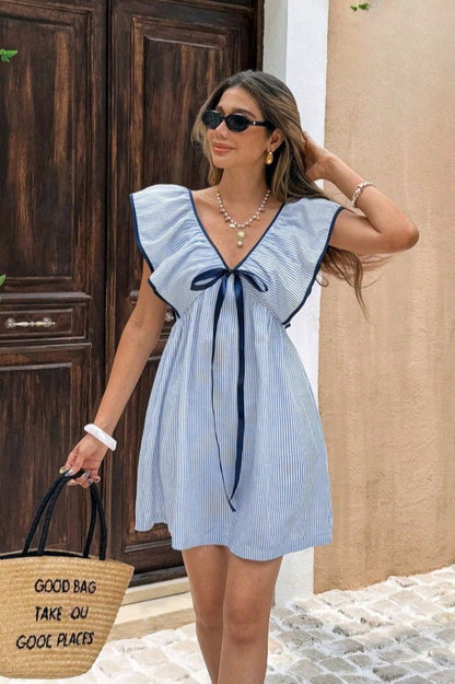 SOKYND Anya Striped V - Neck Ruffle Mini Dress DressBlueS