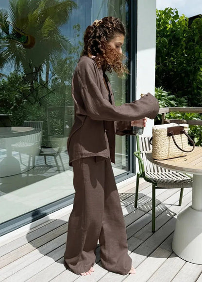 SOKYND Arabella Cotton Shirt & Lounge Pants Set Matching SetsBrownS