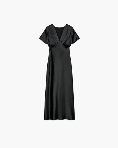 SOKYND Carina V Neck Satin Midi Dress DressBlackM