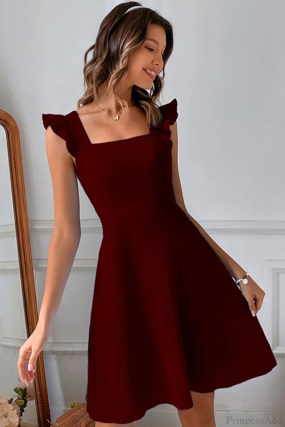 SOKYND Carmen Ruffle Tie-Back Mini Dress DressSOKYND-149015-BUR-S-10935BurgundyS