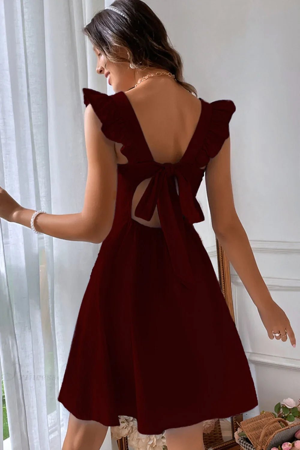 SOKYND Carmen Ruffle Tie-Back Mini Dress DressSOKYND-149015-BUR-S-10935BurgundyS