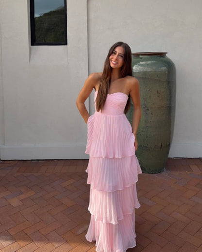 SOKYND Celeste Strapless Pleated Tiered Maxi Dress DressesS