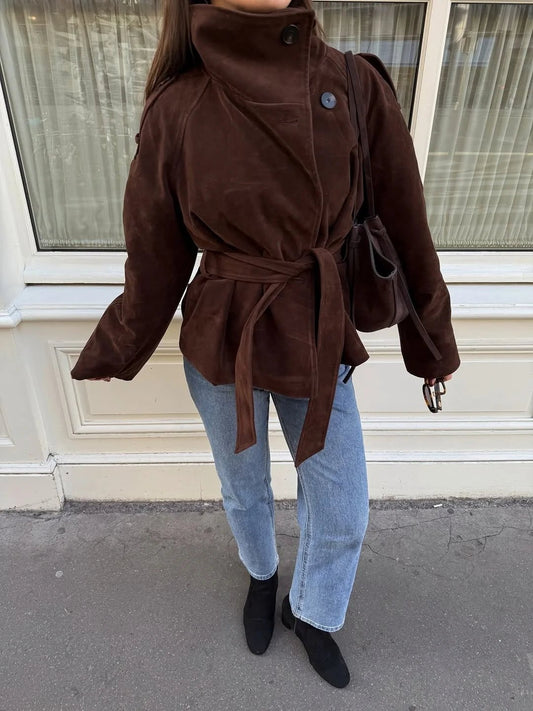 SOKYND Clara Funnel Faux Suede Trench Coat CoatSOKYND-526359-BRO-S-30807BrownS