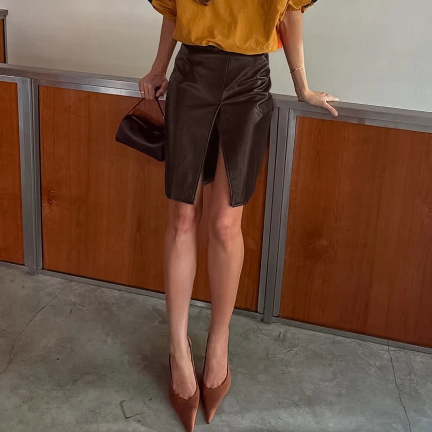 SOKYND Clara Split Knee Vegan Leather Skirt SkirtSOKYND-644887-BRO-L-43255BrownL