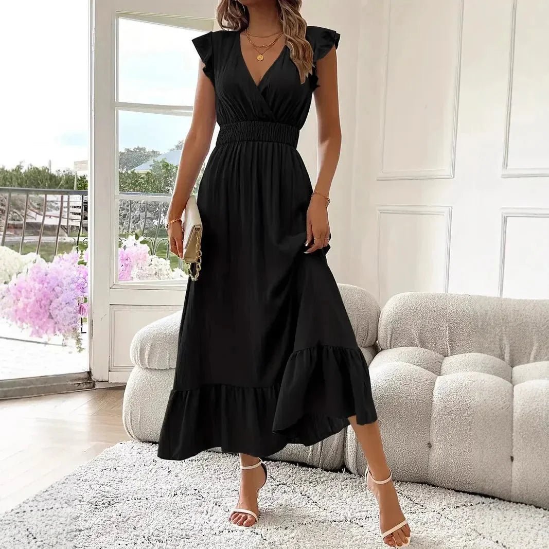 SOKYND Dahlia V - Neck Ruffle Swing Dress DressBlackS